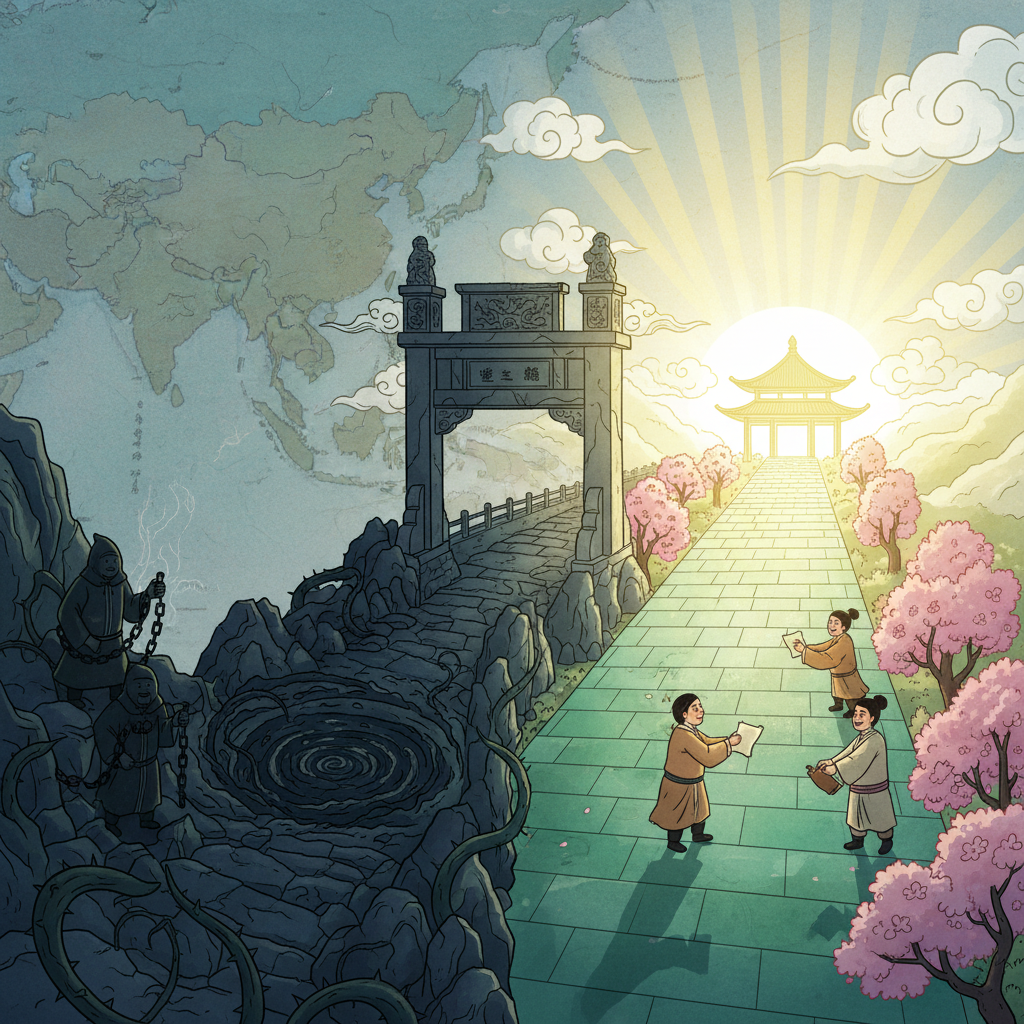 illustration, artistic rendering, textured background, a symbolic image showing a historical crossroads in China, one path leading to suppression and the other to open dialogue and progress, with light rays on the democratic path, no specific text, bright and balanced lighting, centered focus. No visible text in image. If UI elements needed, English-only minimal text. Never use Korean characters.