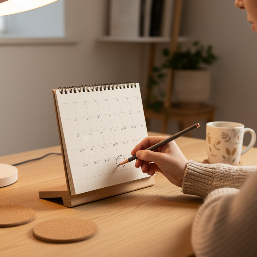 A close-up of a person marking a date on a stylish desk calendar, warm indoor lighting, focused composition, clean aesthetic, no text