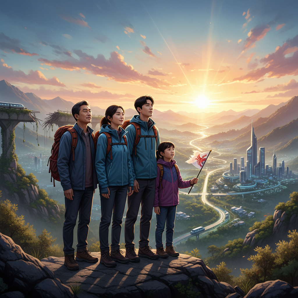 A group of Korean people looking determined and hopeful after overcoming a challenge, with a bright future ahead, detailed composition, colored background, no text