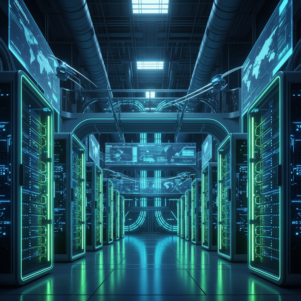 High-tech AI data center with glowing blue and green servers, futuristic infrastructure, cinematic lighting, rich background, 1:1