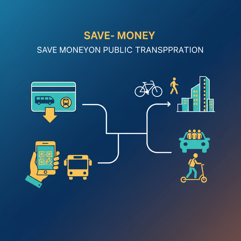 A clean infographic illustrating various tips for saving public transportation costs, such as using specific cards or choosing alternatives, modern layout, high contrast, colored background, no visible text