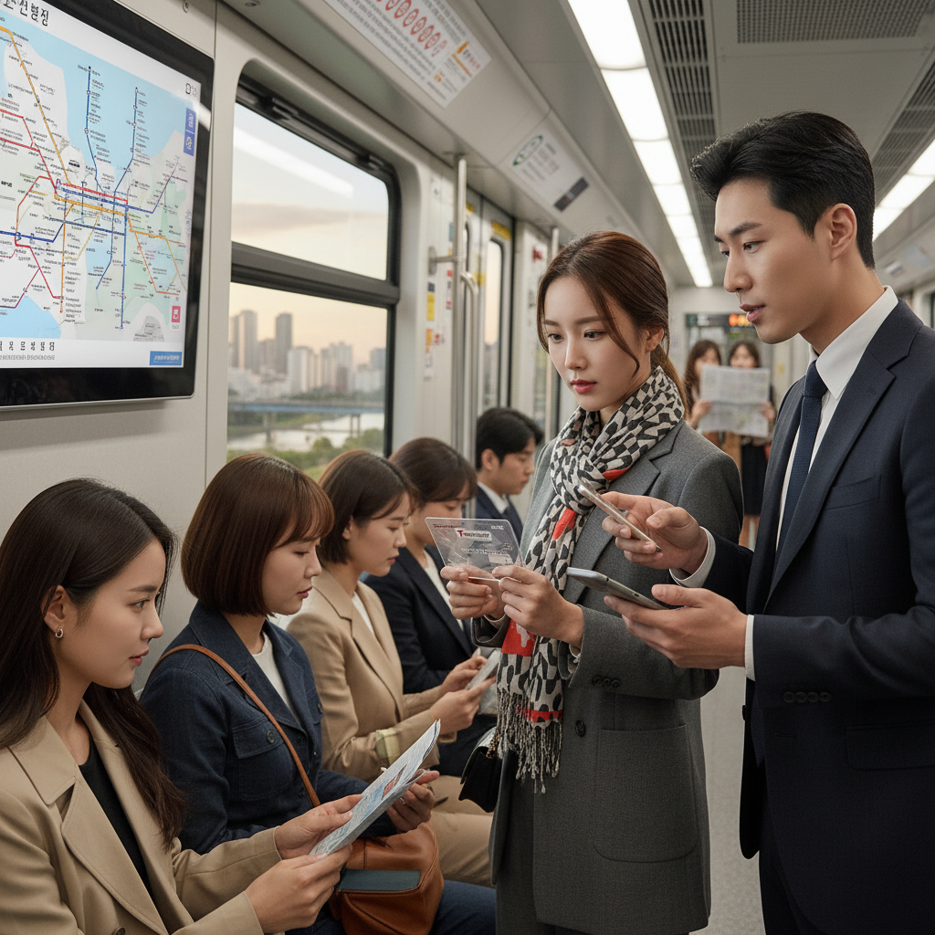 A vibrant lifestyle scene showing diverse Korean people efficiently using public transportation, maybe with a map or a card in hand, bright and balanced lighting, city background, no text