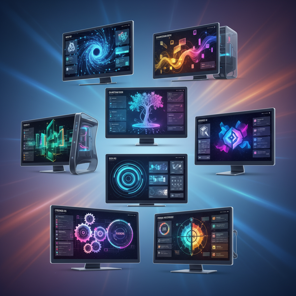 A futuristic, clean infographic showing a diverse array of desktop computers and operating system interfaces, all from different, hypothetical technology companies. The screens display various innovative UIs, hinting at a world without Microsoft. Bright, balanced lighting, modern layout, high contrast, colored gradient background. No visible text, no empty margins.