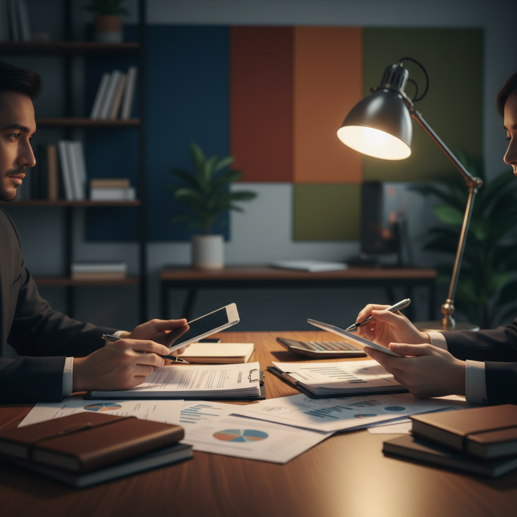 Close up of hands reviewing financial documents and contracts on a wooden desk, office setting, warm lighting, professional atmosphere, colored background, no text
