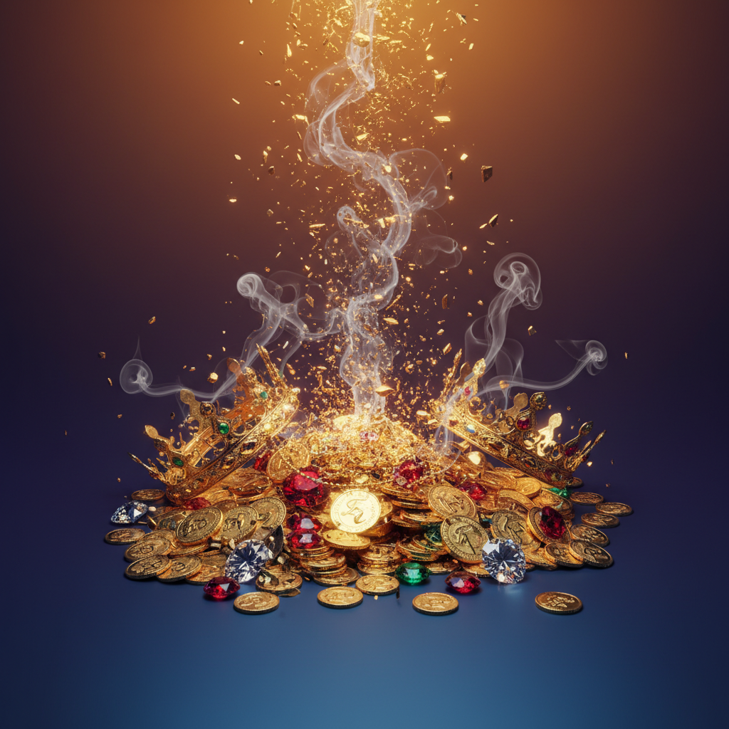 Gold coins and jewels dissolving into thin air, symbolizing fleeting wealth and power, modern layout, high contrast, gradient background, no text