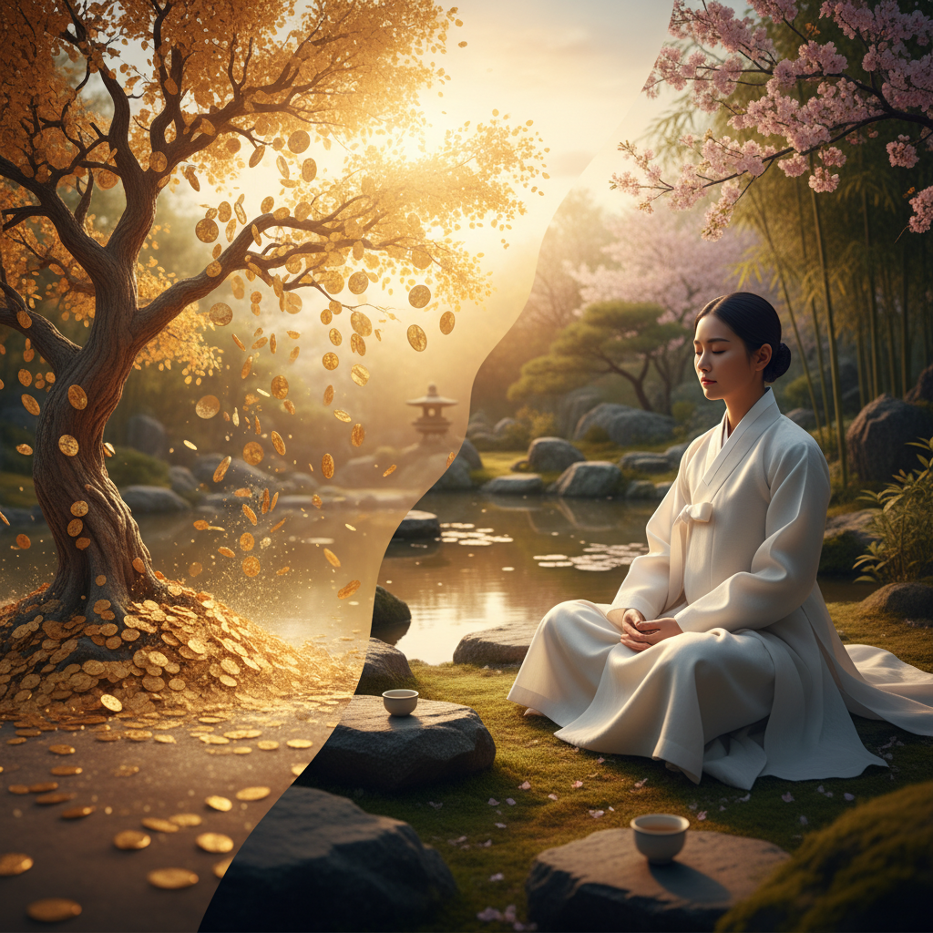 A metaphorical image showing golden leaves falling from a tree, symbolizing fleeting success, contrasted with a peaceful scene of a Korean person meditating in a garden, representing inner peace. High contrast, warm lighting, natural setting, no text