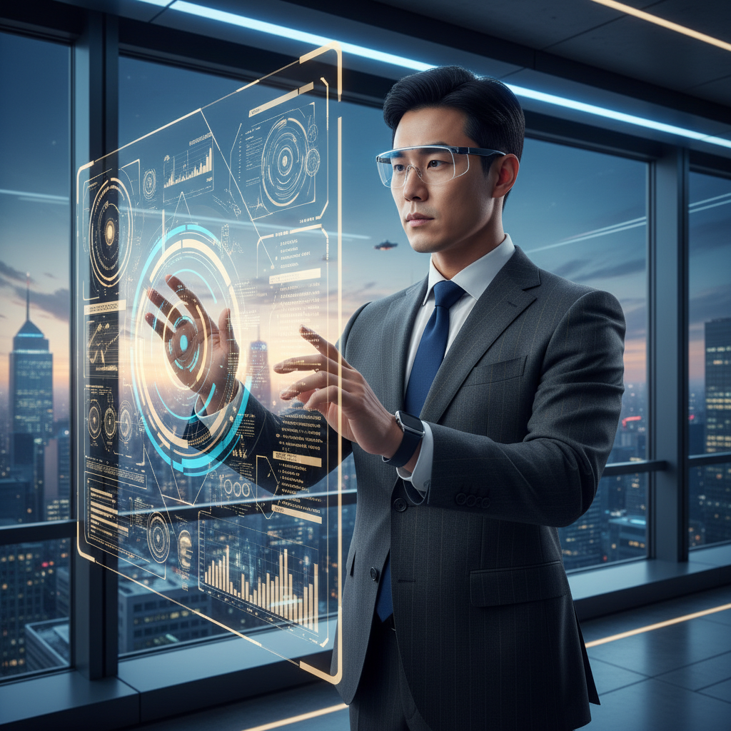 A professional Korean banker analyzing complex data on a futuristic interface, financial district background, blue and gold color palette, high-tech vibe, no text