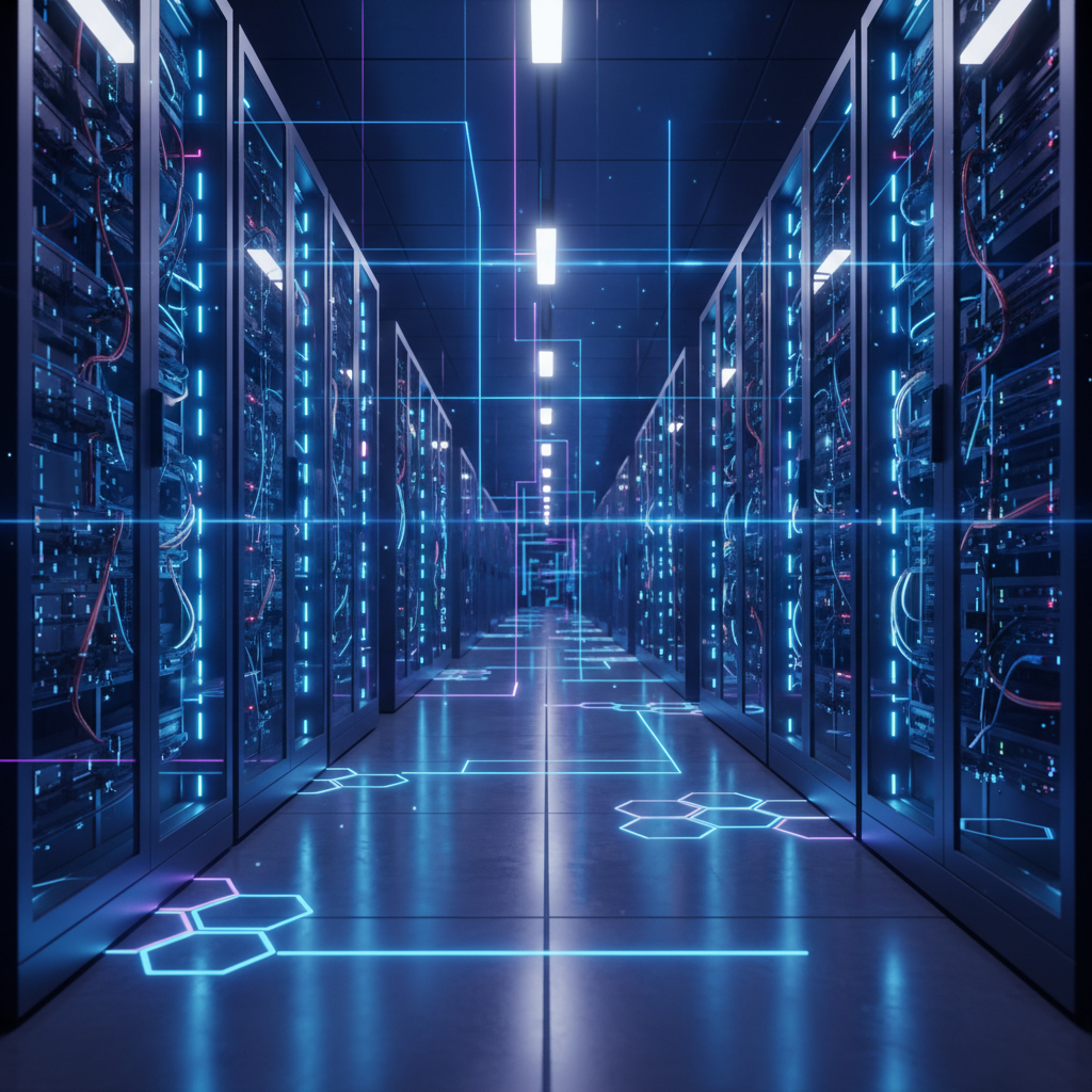 A high tech data center corridor with glowing blue lights on server racks, futuristic technology atmosphere, depth of field, vibrant colors, no text
