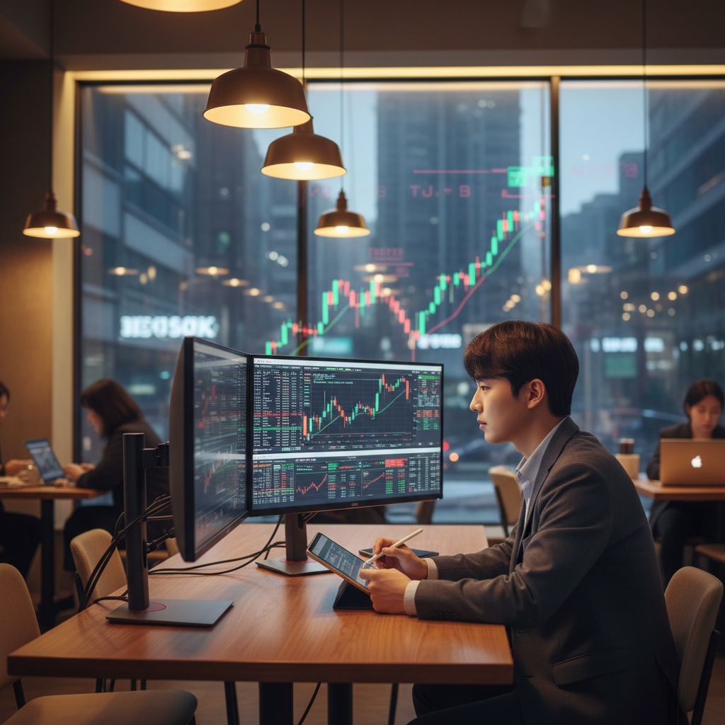 A young Korean investor looking at many screens in a modern cafe, digital graphs reflection on window, warm lighting, focused atmosphere, no text