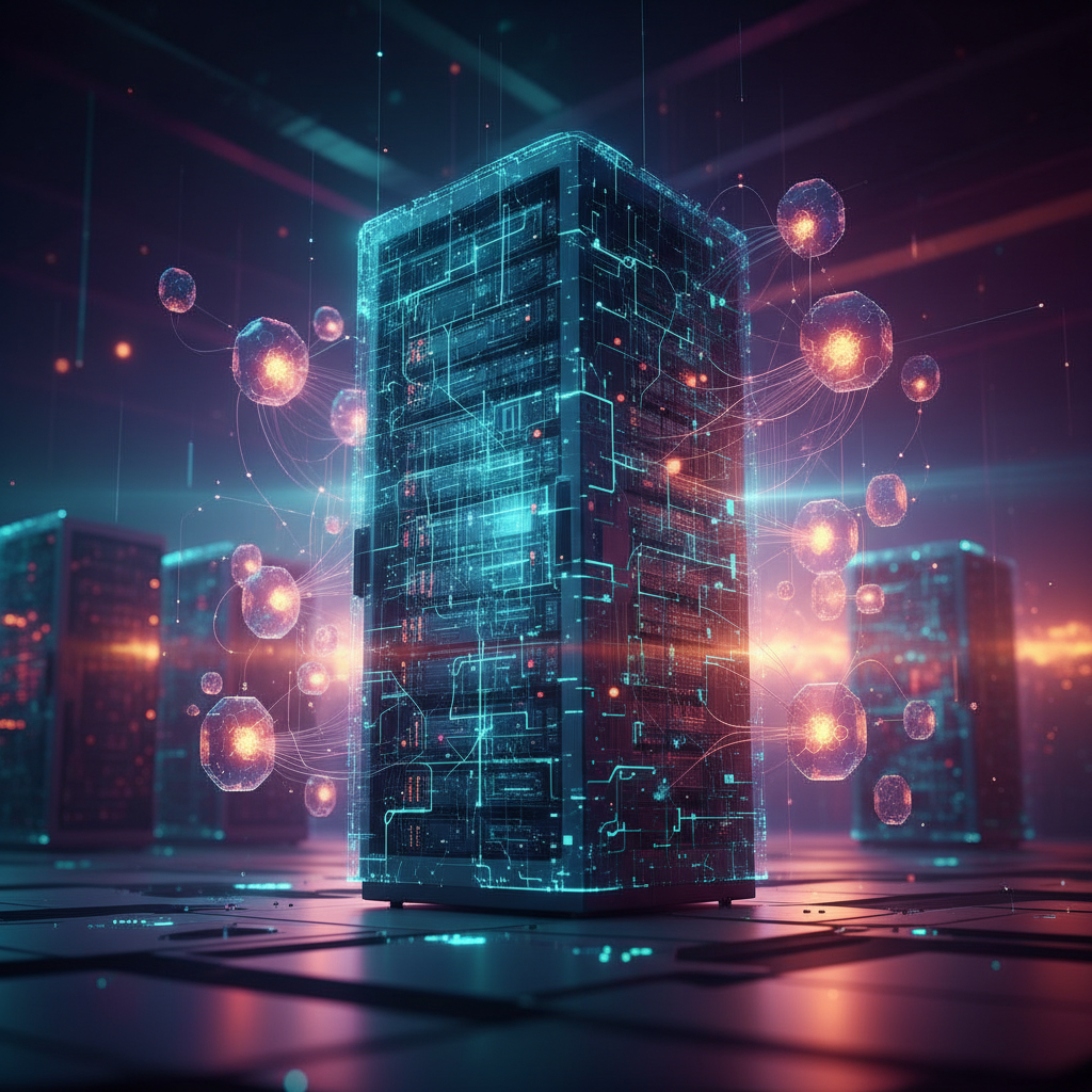 A futuristic data center with a glowing digital security mesh, interconnected nodes representing cloud safety, rich gradient background, cinematic lighting, no text