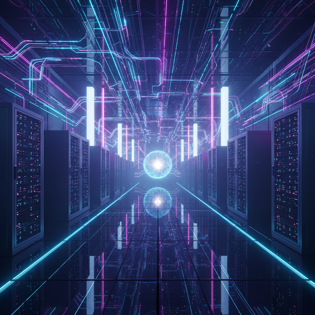 A futuristic data center with glowing servers and fiber optics, symbolizing AI demand, deep blue and purple lighting, cinematic composition, 4:3 ratio, no text