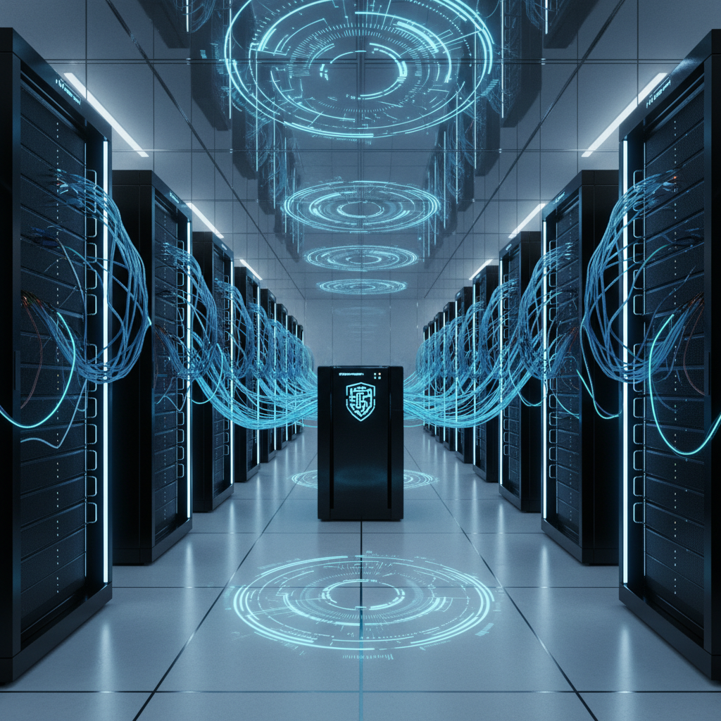 A clean and modern server room with glowing blue lights, fiber optic cables, professional digital security theme, high quality photography, no text