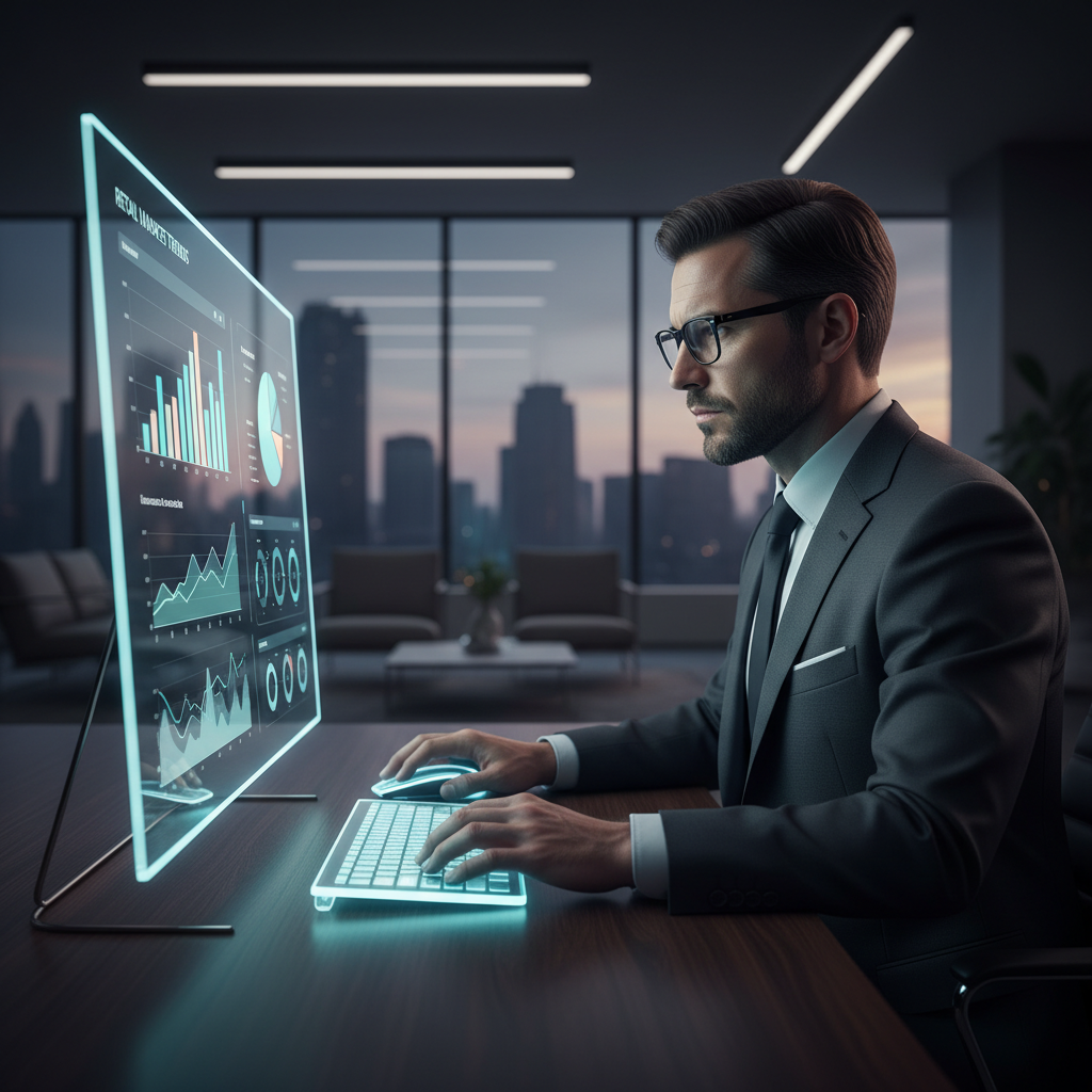 A professional analyzing retail market trends on a digital screen, modern office background, clean interface, focused expression, cinematic lighting, no text