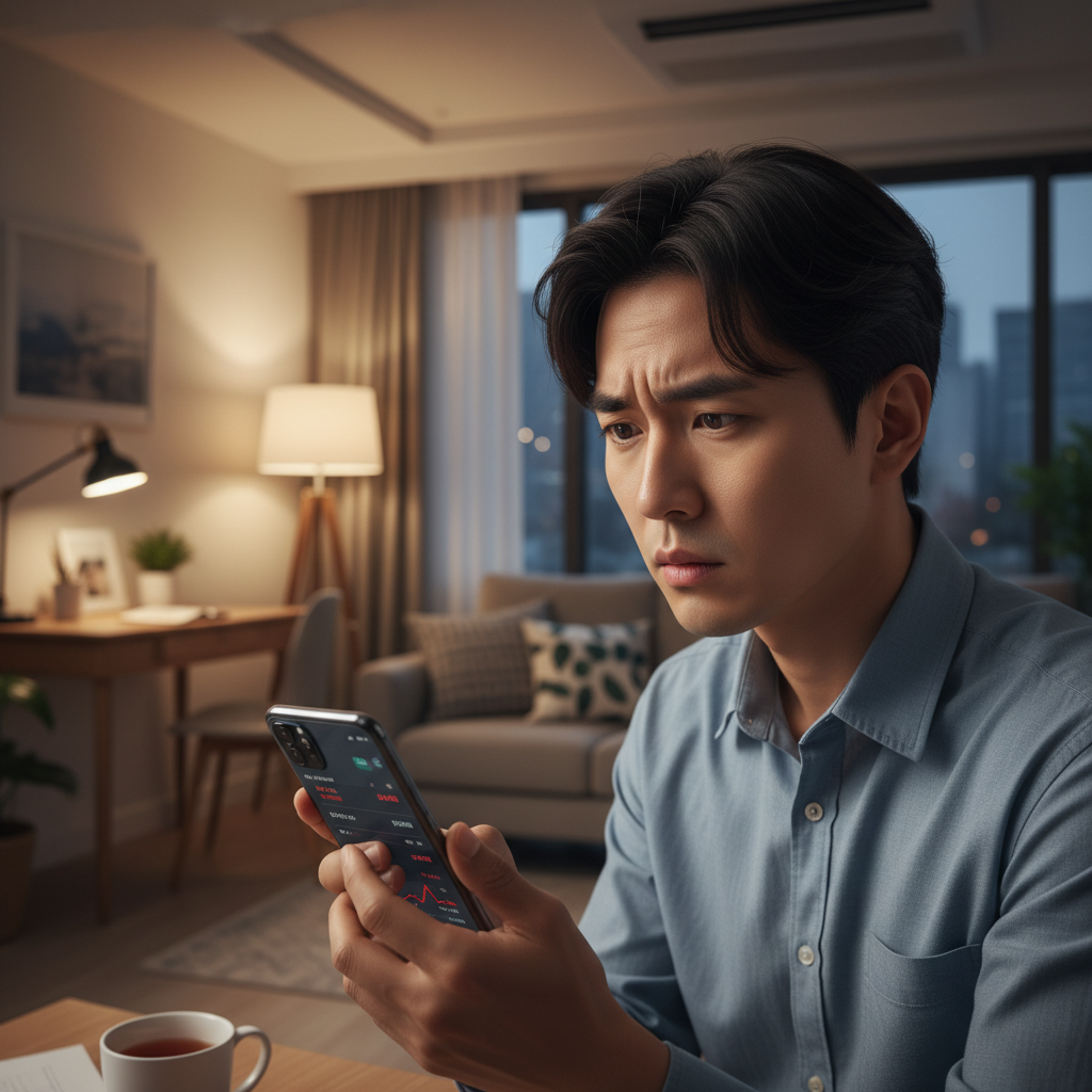 A stressed Korean person looking at a digital banking app on a smartphone, visible concern, warm indoor lighting, modern home setting, lifestyle photography, no text