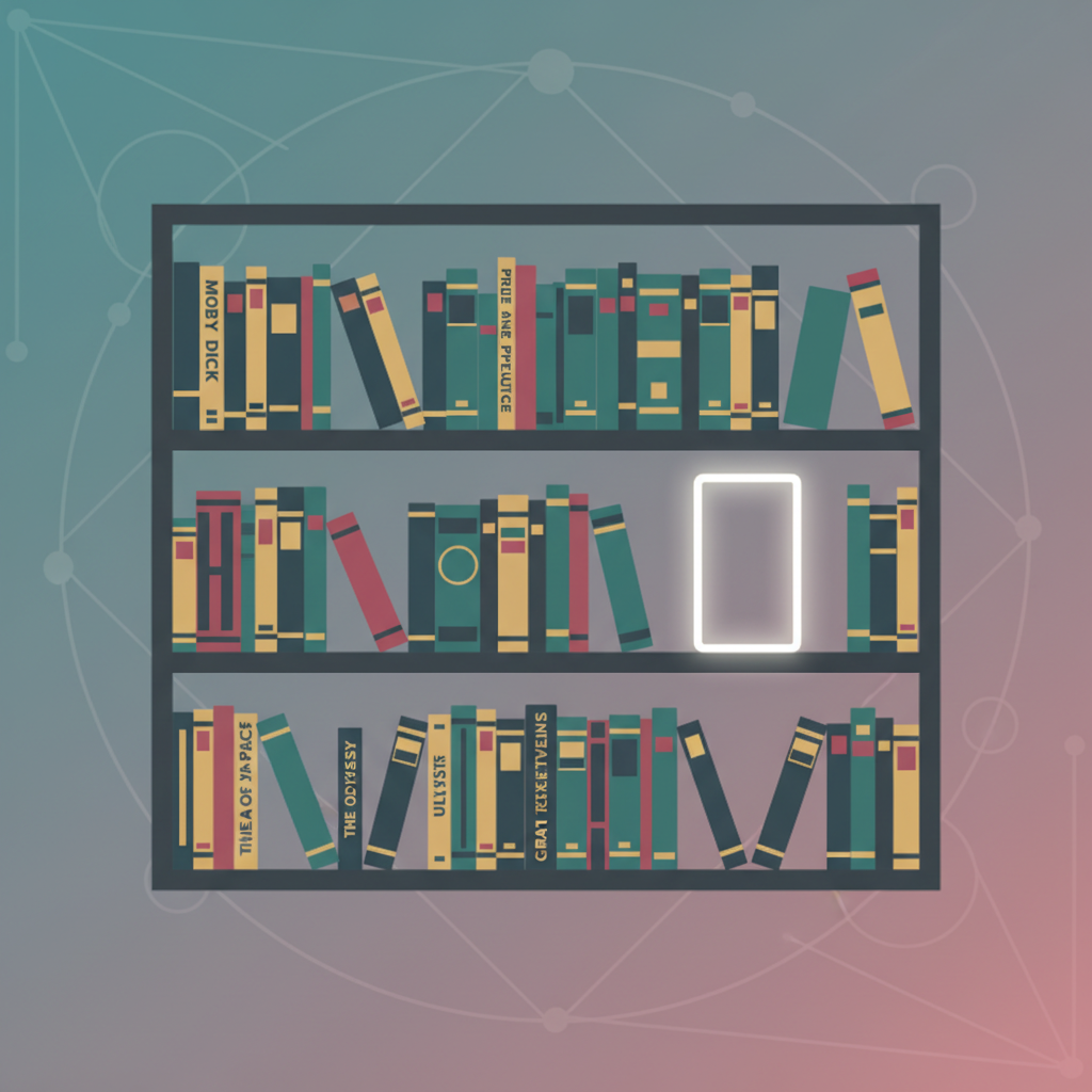 A clean infographic showing a library shelf filled with various classic literature books, but with a prominent empty space where "Don Quixote" would typically be, symbolizing its absence. Modern layout, high contrast, subtle colored background, no text, 1:1 aspect ratio.