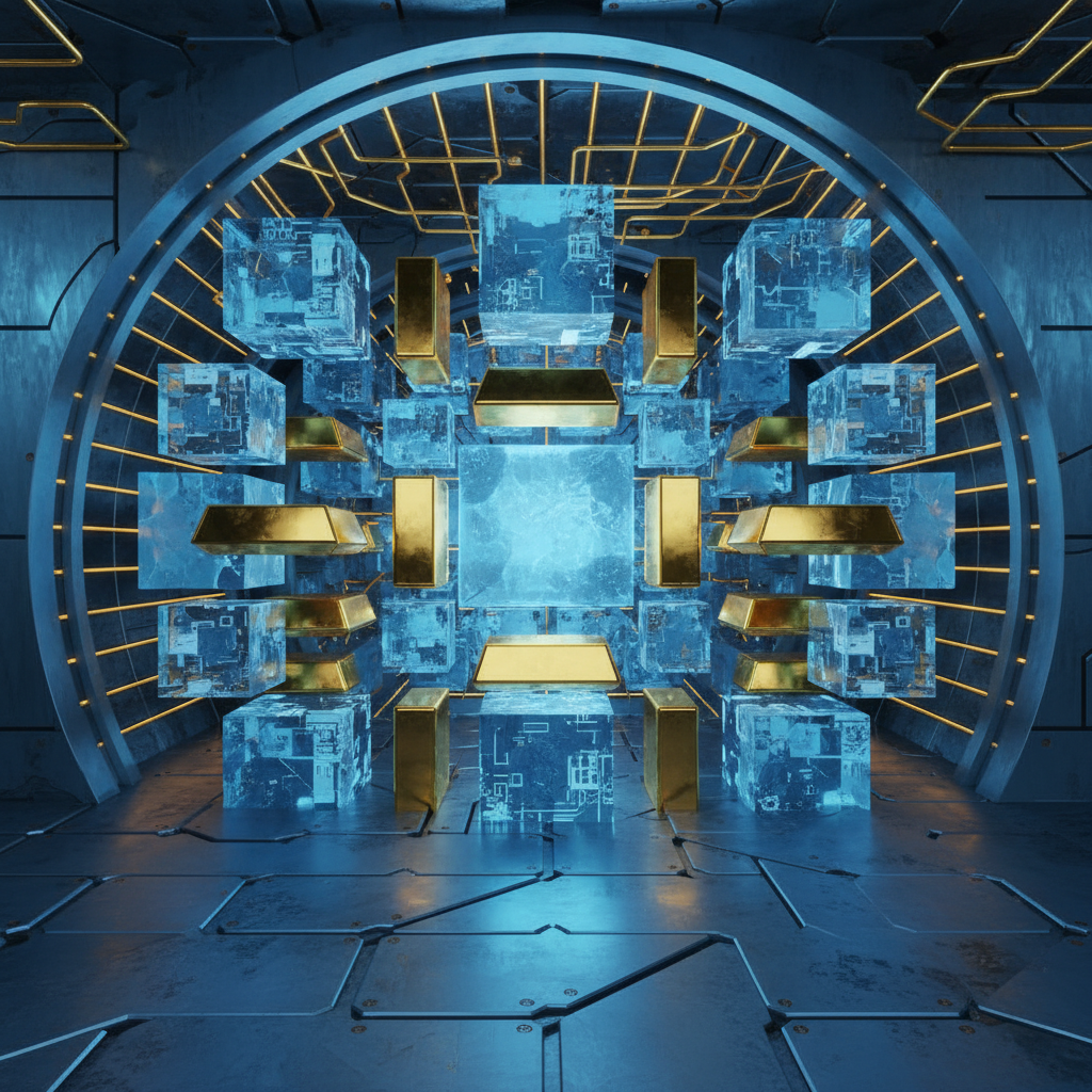 Abstract representation of frozen digital assets and gold bars in a secure vault, blue and gold color palette, high contrast, clean layout, no text