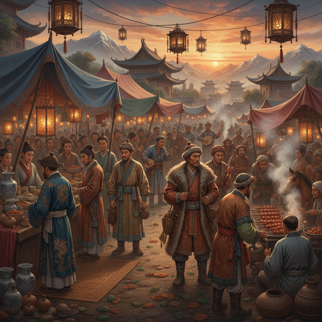 Artistic rendering of a vibrant marketplace scene in ancient Asia, where diverse people from various East Asian and Central Asian cultures are engaging in trade and cultural exchange. Rich colors, detailed composition, textured background, no visible text.