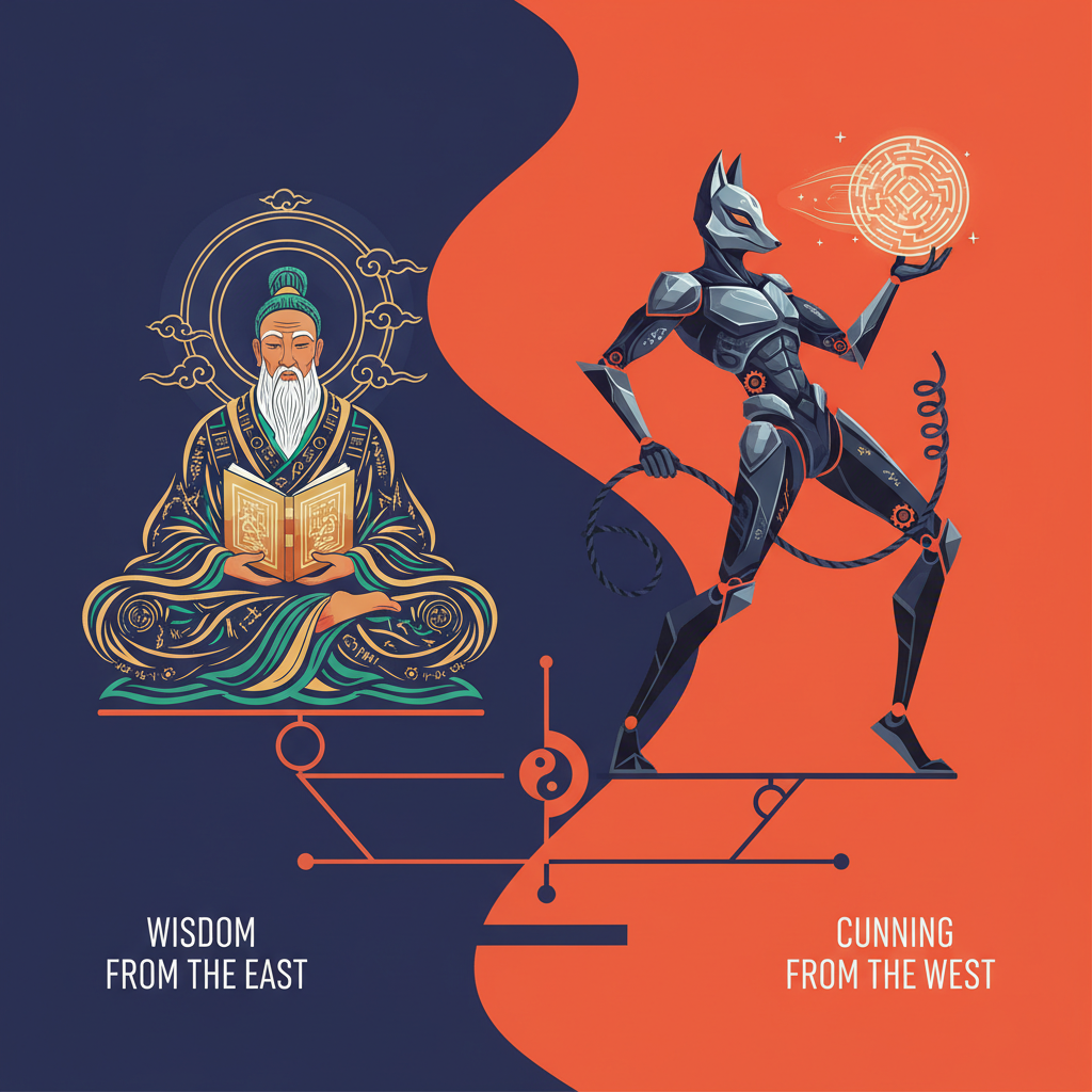 Clean infographic showing two contrasting figures, one representing wisdom from the East and another representing cunning from the West, balanced yet distinct, modern layout, high contrast, colored background, no text