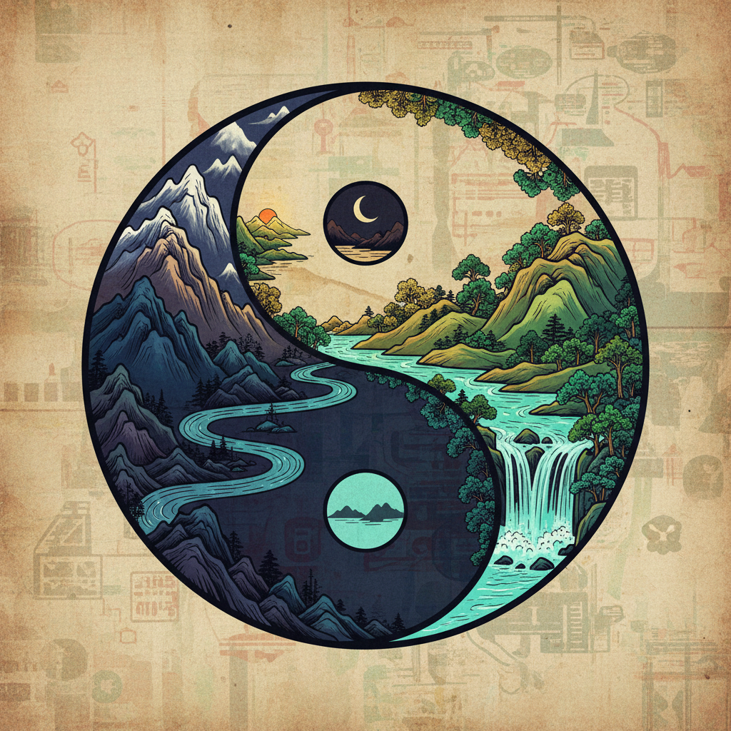 Artistic rendering of Yin and Yang symbol, with elements of nature like mountains and flowing water, representing balance and contrasting forces, textured background, no text