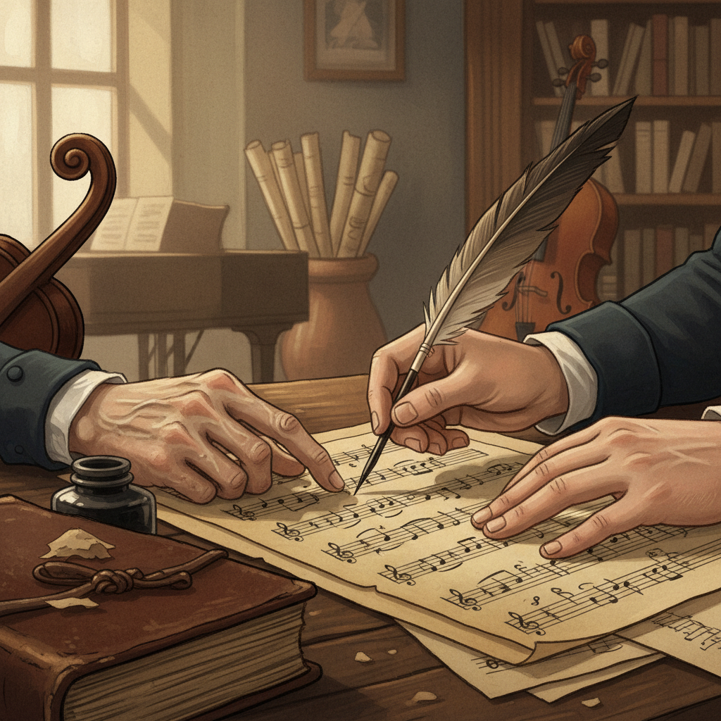 A close-up illustration of two hands, one clearly older (Mozart) and one younger (Beethoven), jointly sketching notes on a piece of parchment, suggesting collaboration. The background shows hints of a classical study room with musical instruments. Style: illustration, artistic rendering, textured background. No text.