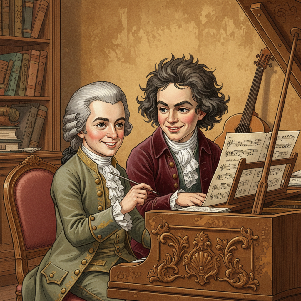An artistic rendering illustration showing a harmonious scene of young Mozart and Beethoven, no longer battling but side-by-side, collaboratively composing music at a grand piano. They are sharing ideas, their faces alight with creative energy. The background is a warm, inviting study with a textured, golden-brown wall. No visible text, illustrative style, balanced lighting, centered composition.