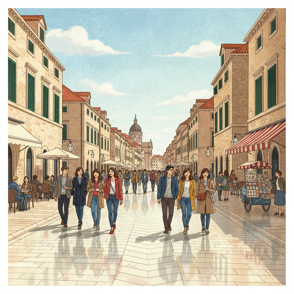 illustration, artistic rendering, textured background, a vibrant scene of Stradun, the main street of Dubrovnik's Old City, paved with gleaming marble. People of Korean appearance are leisurely strolling, enjoying the cafes and historic buildings lining the street. Bright, balanced lighting, centered focus, visually rich, no empty margins. No visible text in image.