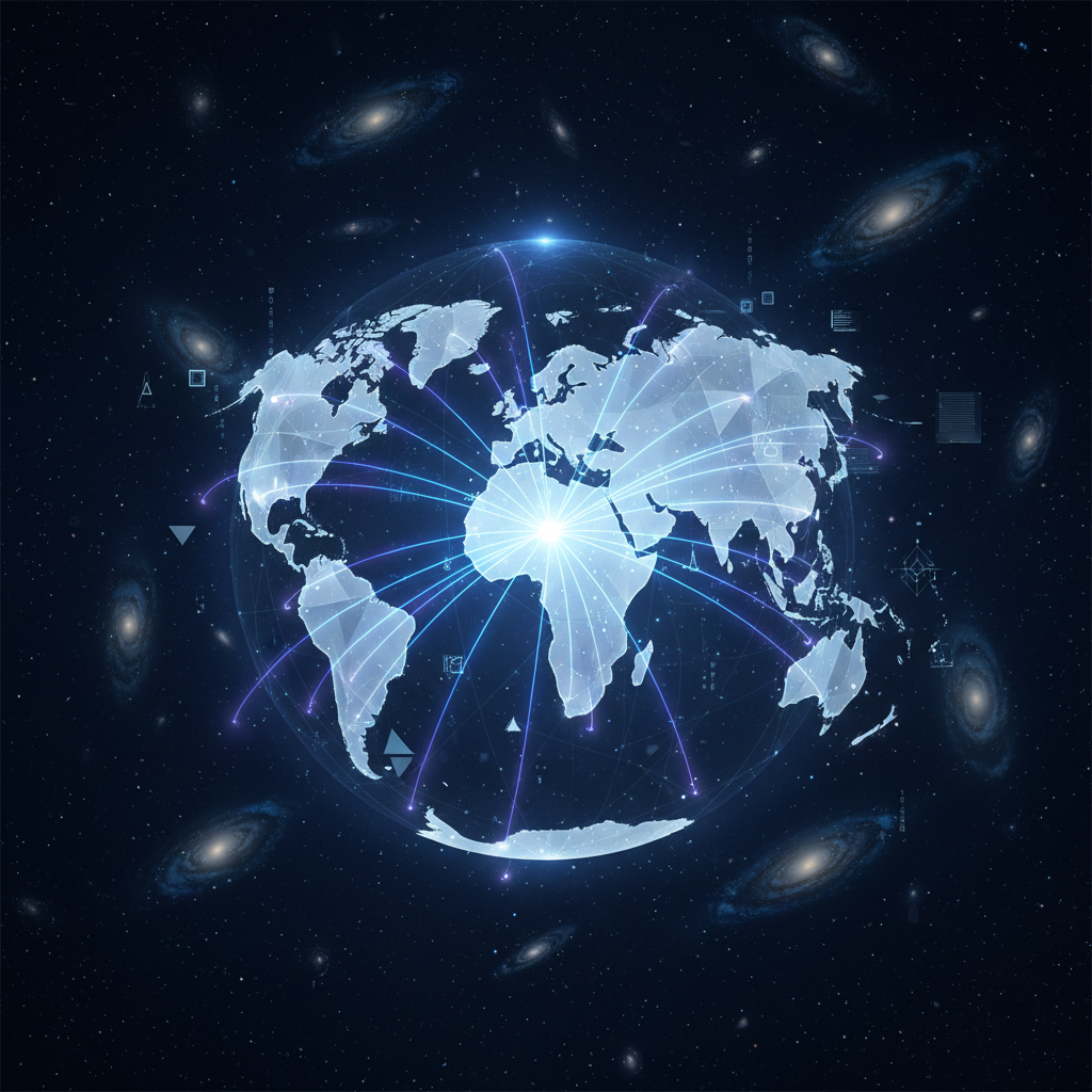 A conceptual illustration of global digital connectivity, glowing lines connecting different parts of a world map, futuristic and professional style, rich background, no text