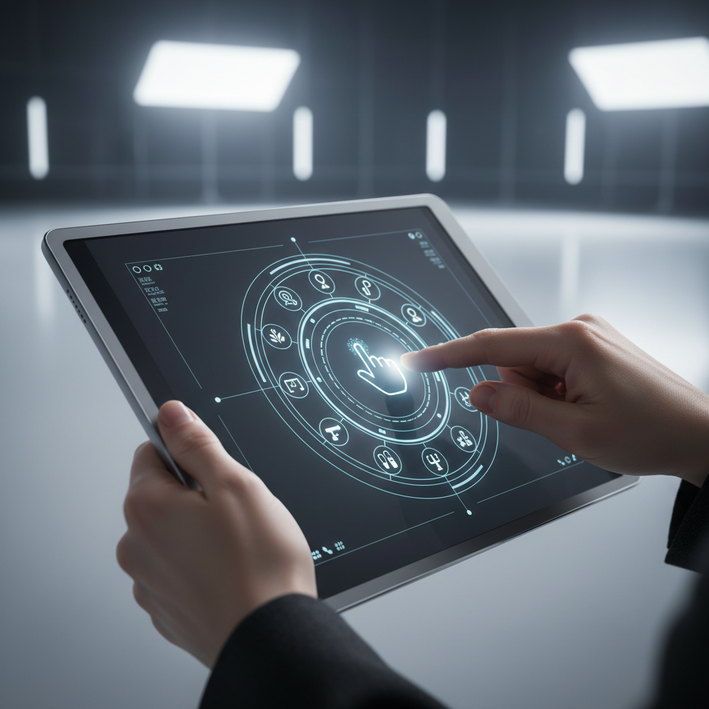 Close up of a person using a tablet with a complex character input system, clean modern layout, professional studio lighting, no text
