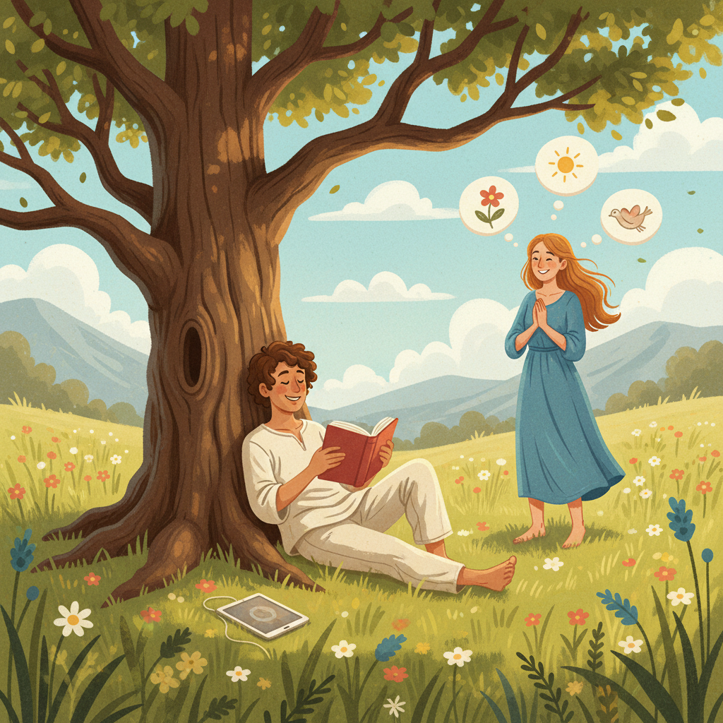 An illustration depicting a person happily reading a physical book under a tree, away from digital devices. Next to it, another person is smiling, with positive thought bubbles around their head. The background is a bright, natural outdoor setting. Style: illustration, artistic rendering, textured background. No visible text in image.