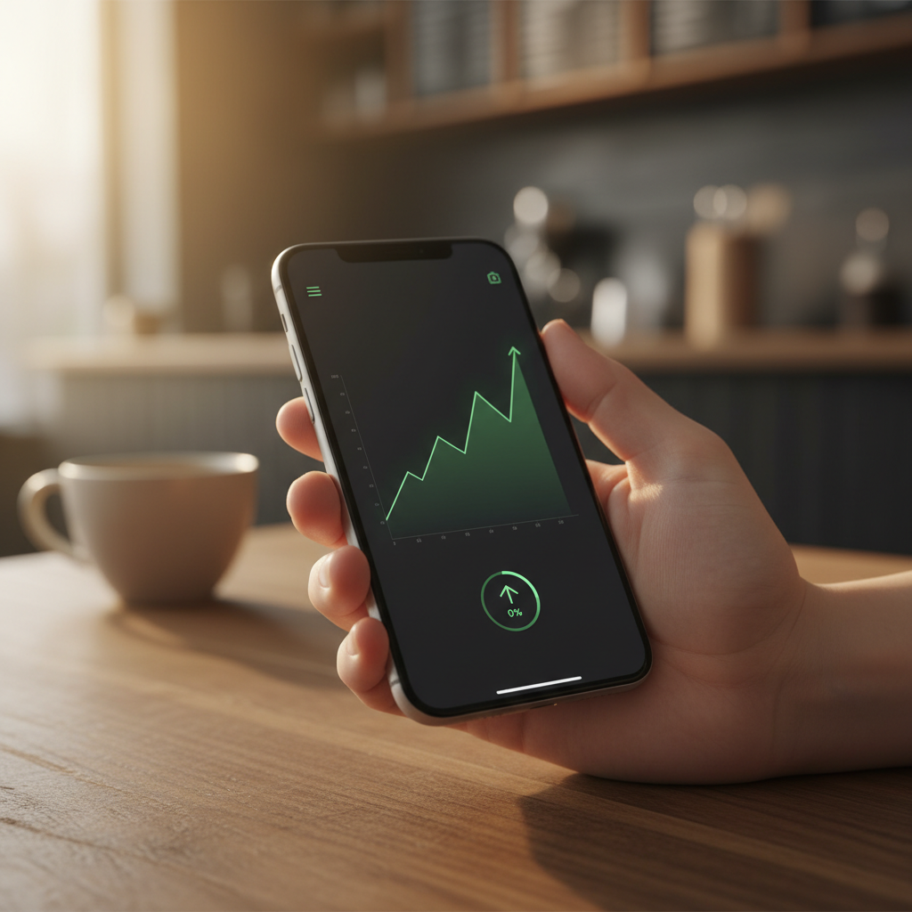 Close up of a smartphone displaying a clean financial app with rising green lines, held by a person in a cozy cafe, warm lighting, textured wooden table, no text