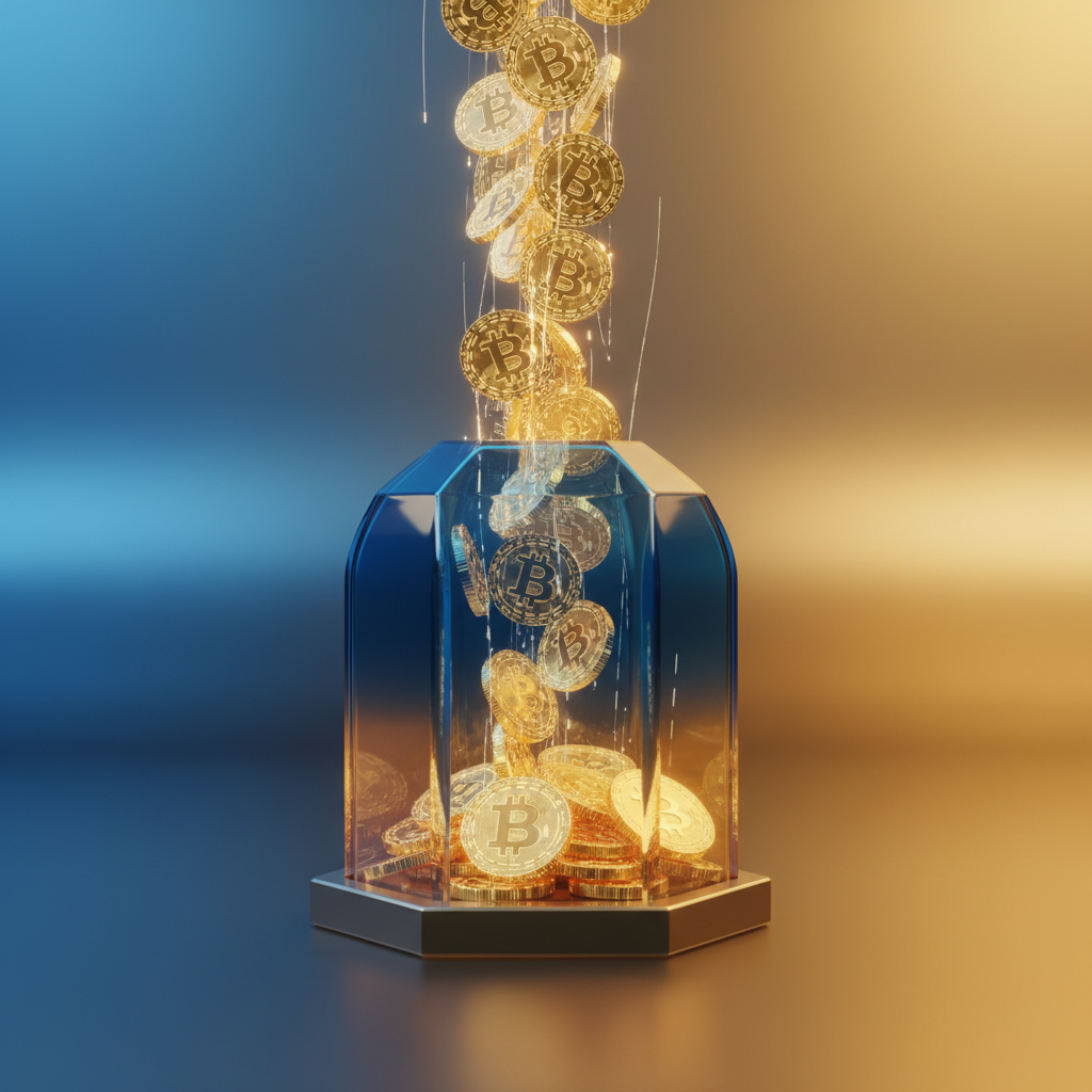 Visual representation of golden digital coins flowing into a secure crystal vault blue and gold gradient background clean 3D render no text