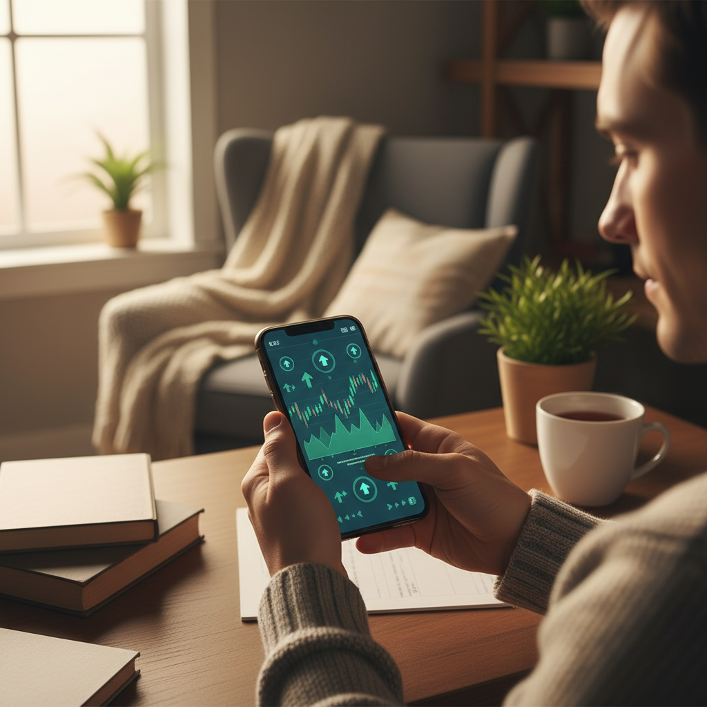 A person checking a financial app on a smartphone, showing stock charts and growth icons, cozy home office background, warm lighting, lifestyle photography, no text
