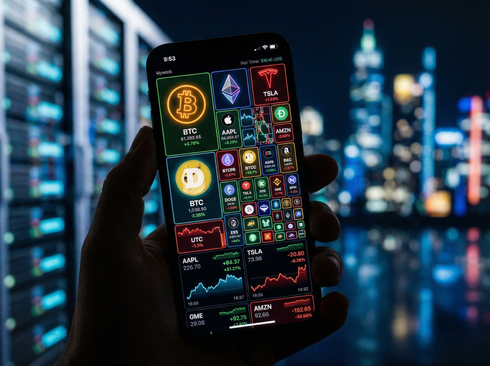 Close up of a smartphone displaying a mix of cryptocurrency icons and stock market symbols, glowing digital interface, blurred tech background, high contrast, clean layout, 4:3 aspect ratio