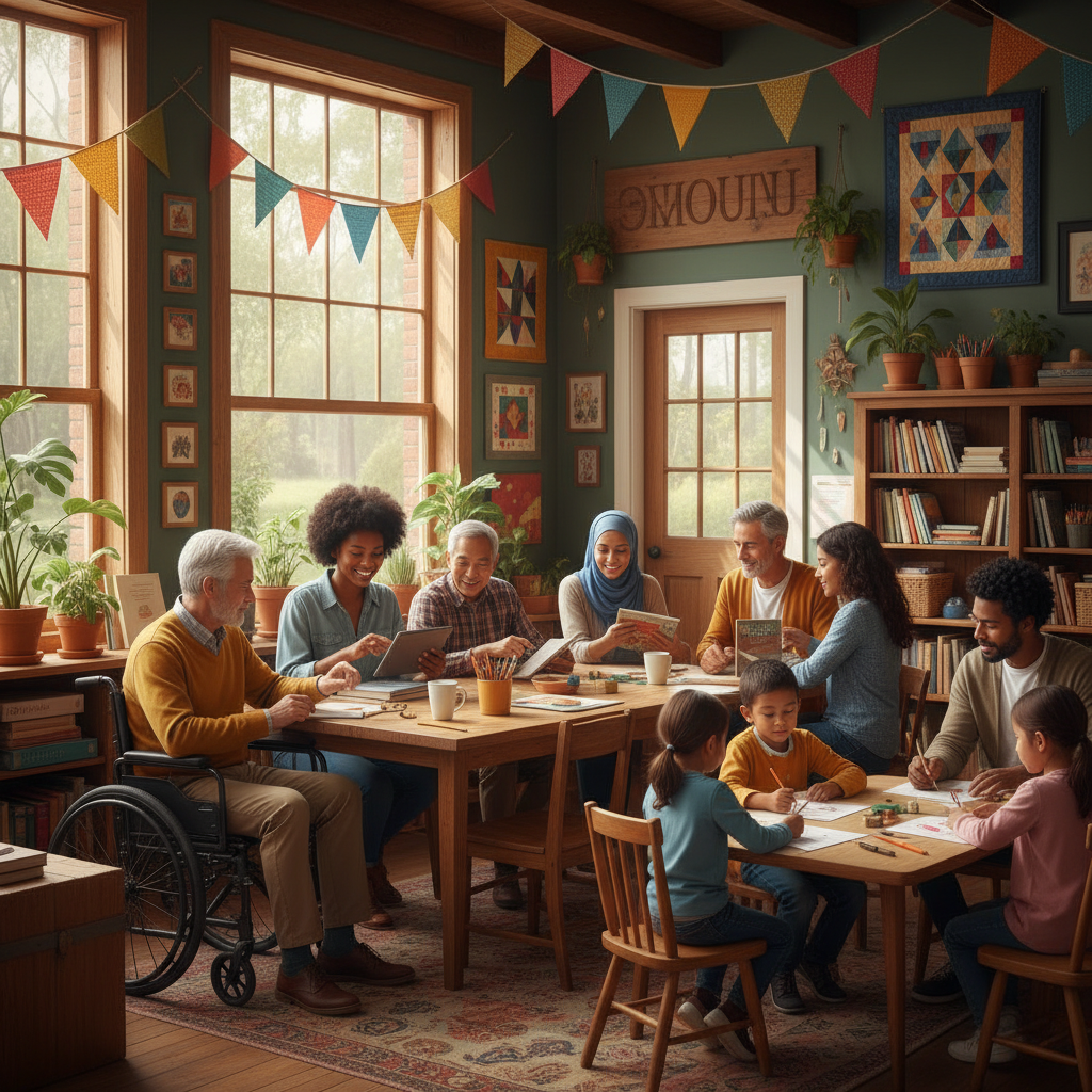 A group of diverse people working together in a community center, warm and friendly atmosphere, natural lighting, lifestyle photography, rich colors, no text