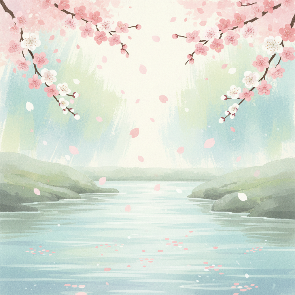 A beautiful illustration of pink and white flower petals gracefully falling onto a calm river, gently flowing. The scene is artistic rendering, textured background with soft, diffused lighting, no visible text, Korean aesthetic.
