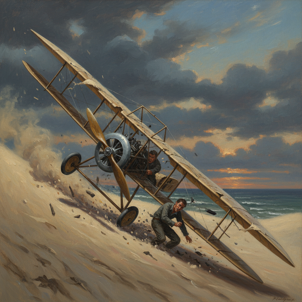 An artistic rendering of the Wright brothers' first flight, but with an element of potential failure or a broken machine, suggesting a 'what if' scenario. Dynamic composition with a textured background. No visible text.
