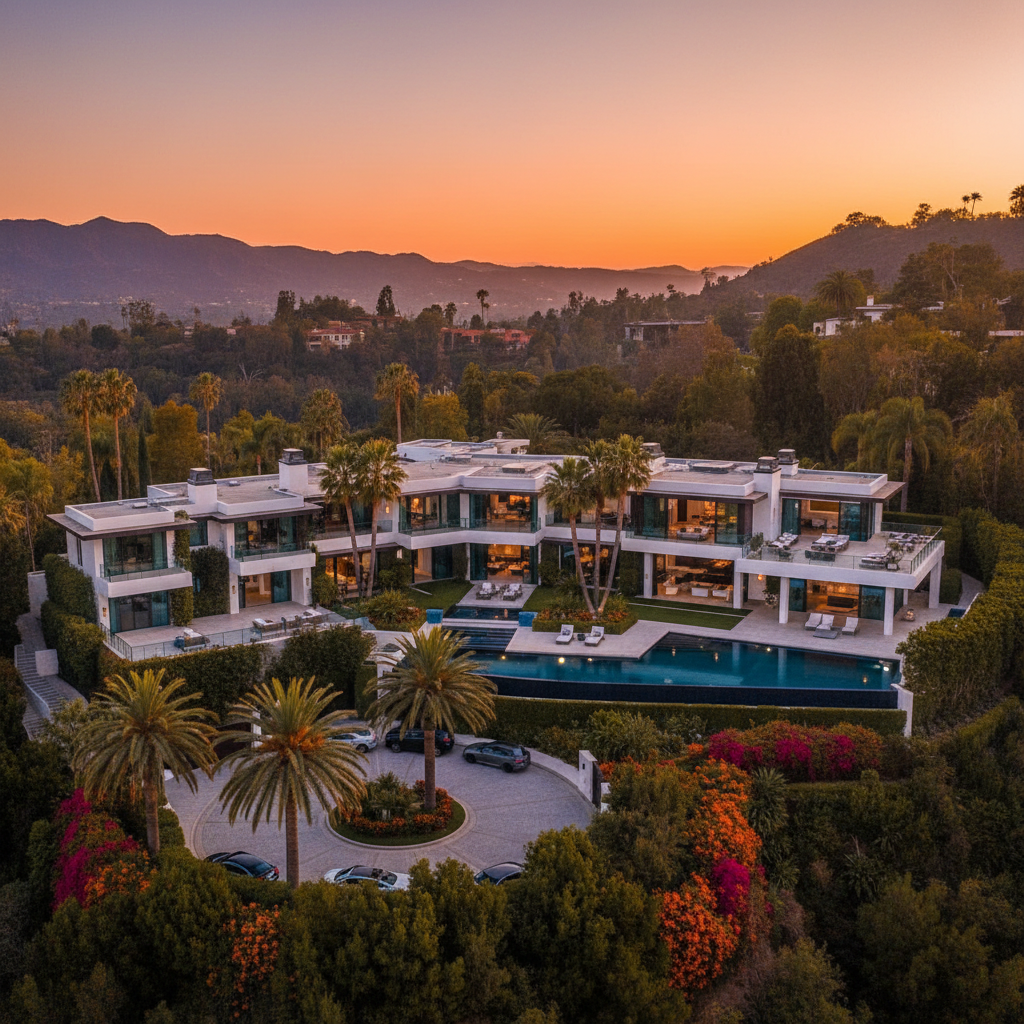 A luxurious multimillion-dollar mansion in Beverly Hills, California, warm sunset lighting, high-end architecture, lush greenery, professional photography, colored background, no text