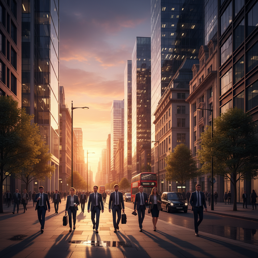 A bustling street scene in London financial district with modern glass buildings, professional people walking, warm evening sunlight, rich colors, detailed architecture, no text