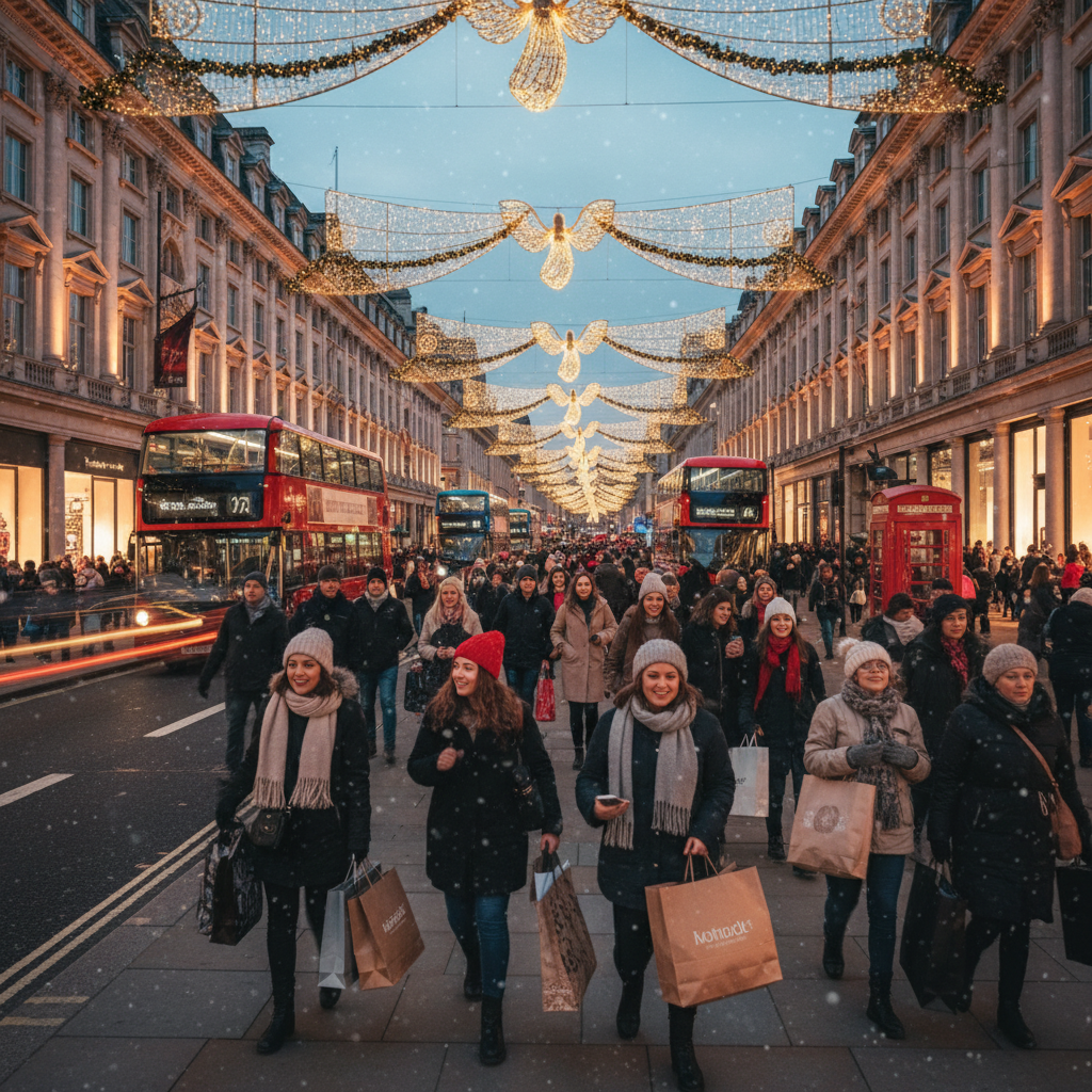 A bustling Christmas shopping scene on Regent Street in London, festive decorations, happy shoppers carrying bags, warm evening lighting, cinematic photography, high quality, no text