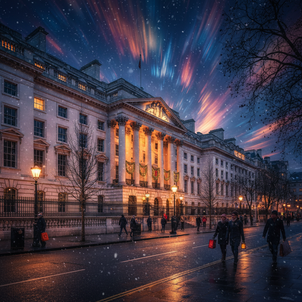 The Bank of England building in London with a festive winter atmosphere and warm street lighting, modern high contrast photography, colored background, no text