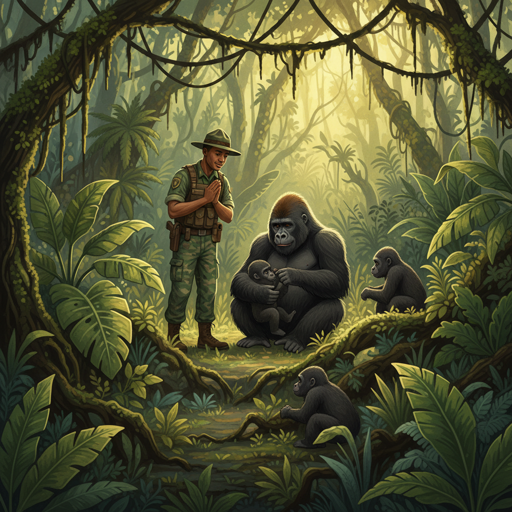 A powerful and respectful illustration of Virunga National Park rangers observing a mountain gorilla family, dense jungle background, warm lighting, conservation theme, no text, 4:3 aspect ratio