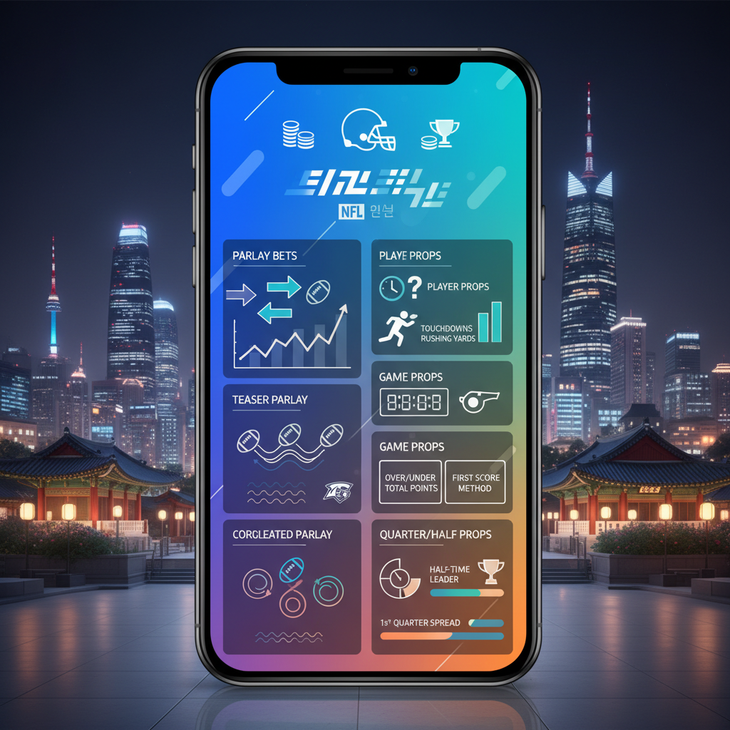 A detailed infographic showing different types of NFL parlay and prop bets on a mobile trading platform, clean and modern layout, vibrant colored background, Korean setting, no text