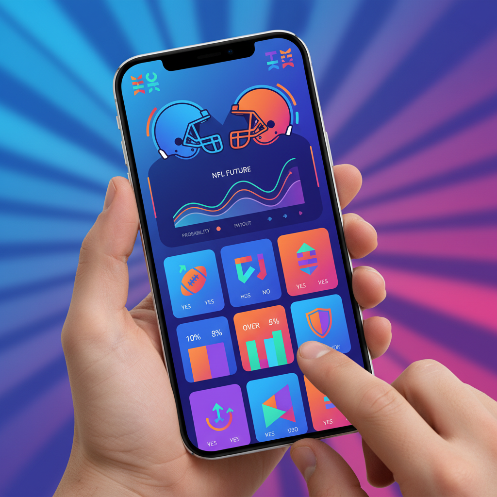 A user actively engaging with a prediction market interface on a smartphone, showing NFL related options, clean infographic style, modern layout, high contrast, colored background, Korean appearance, no text
