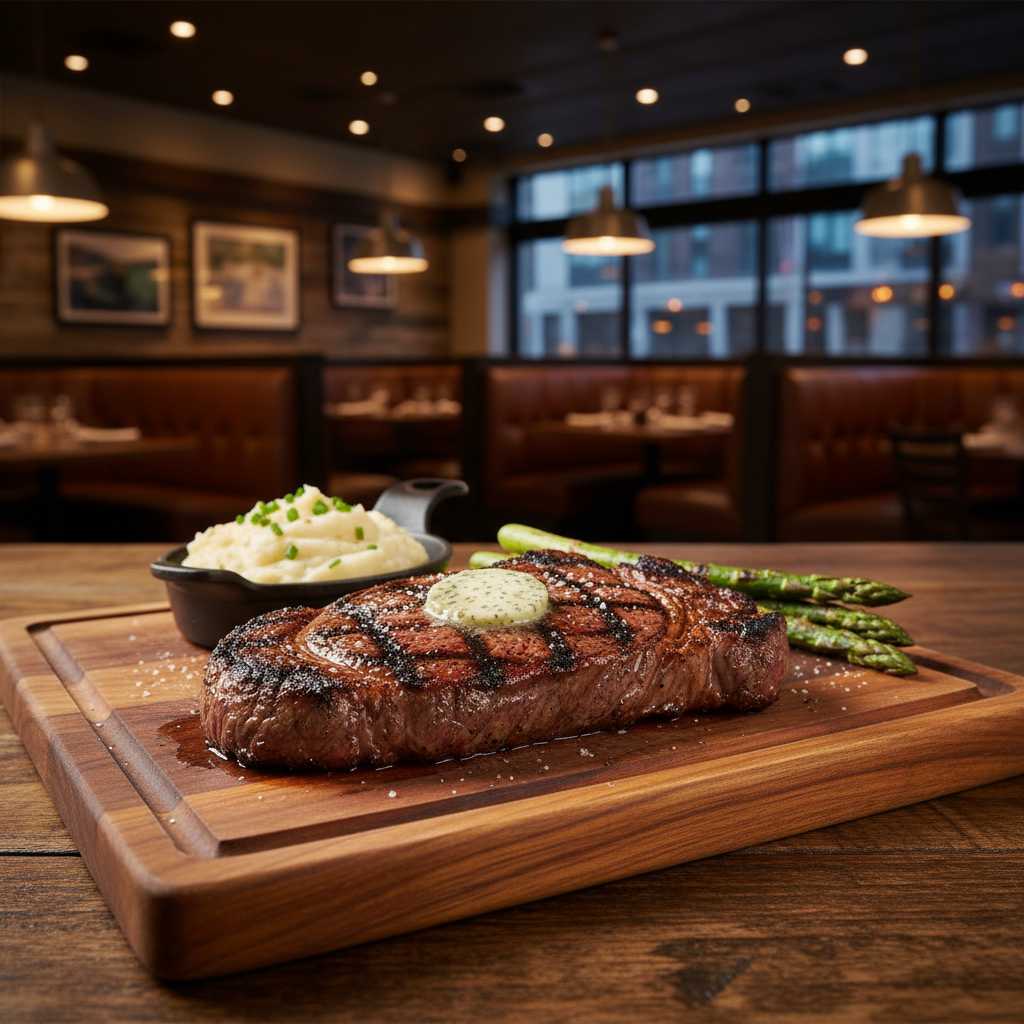A perfectly grilled steak on a wooden platter at LongHorn Steakhouse, rich textures, warm ambient lighting, modern restaurant setting, no text