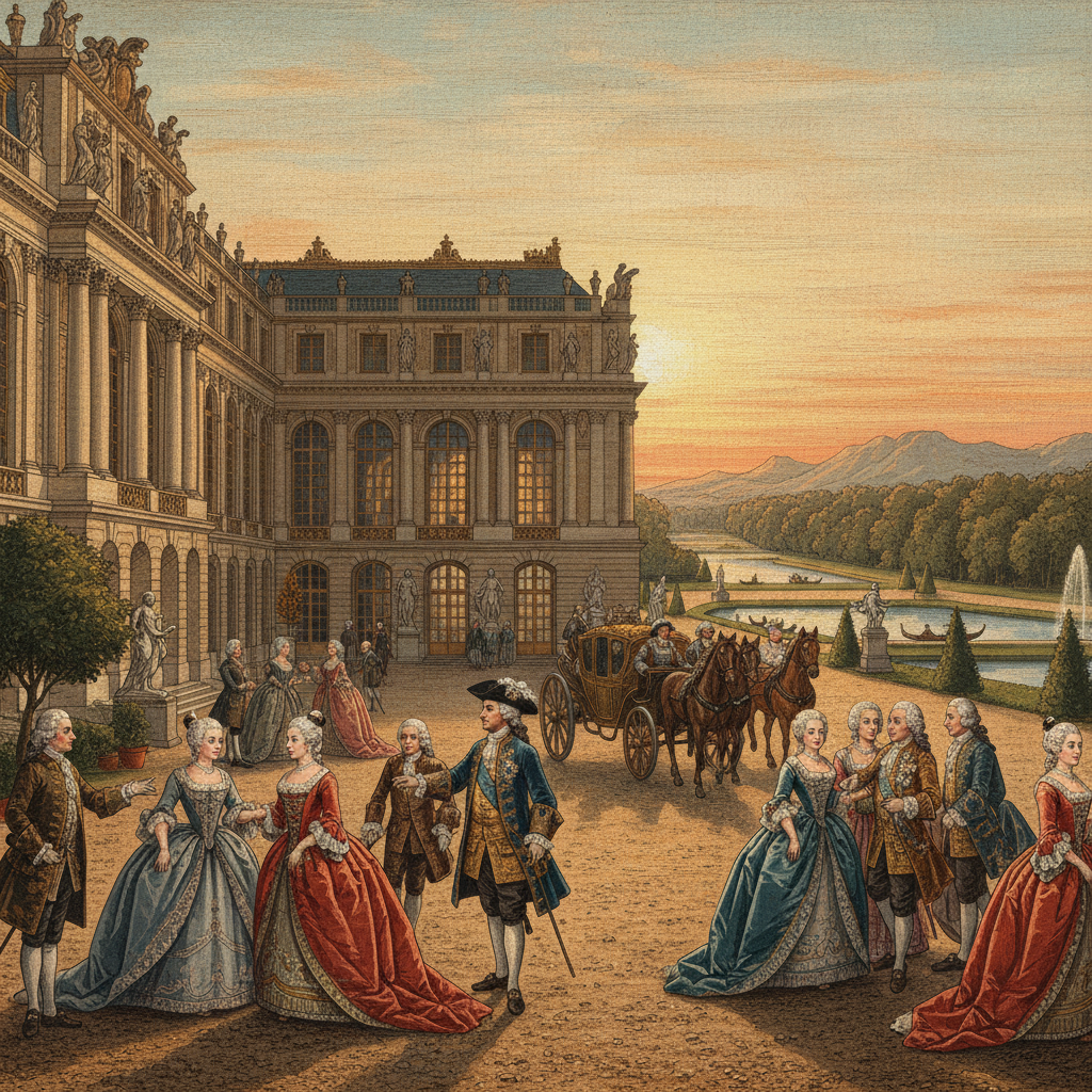 An artistic illustration depicting the grandeur of the Palace of Versailles during the reign of King Louis XIV, showcasing elaborate architectural details and the royal court. Textured background, no text.