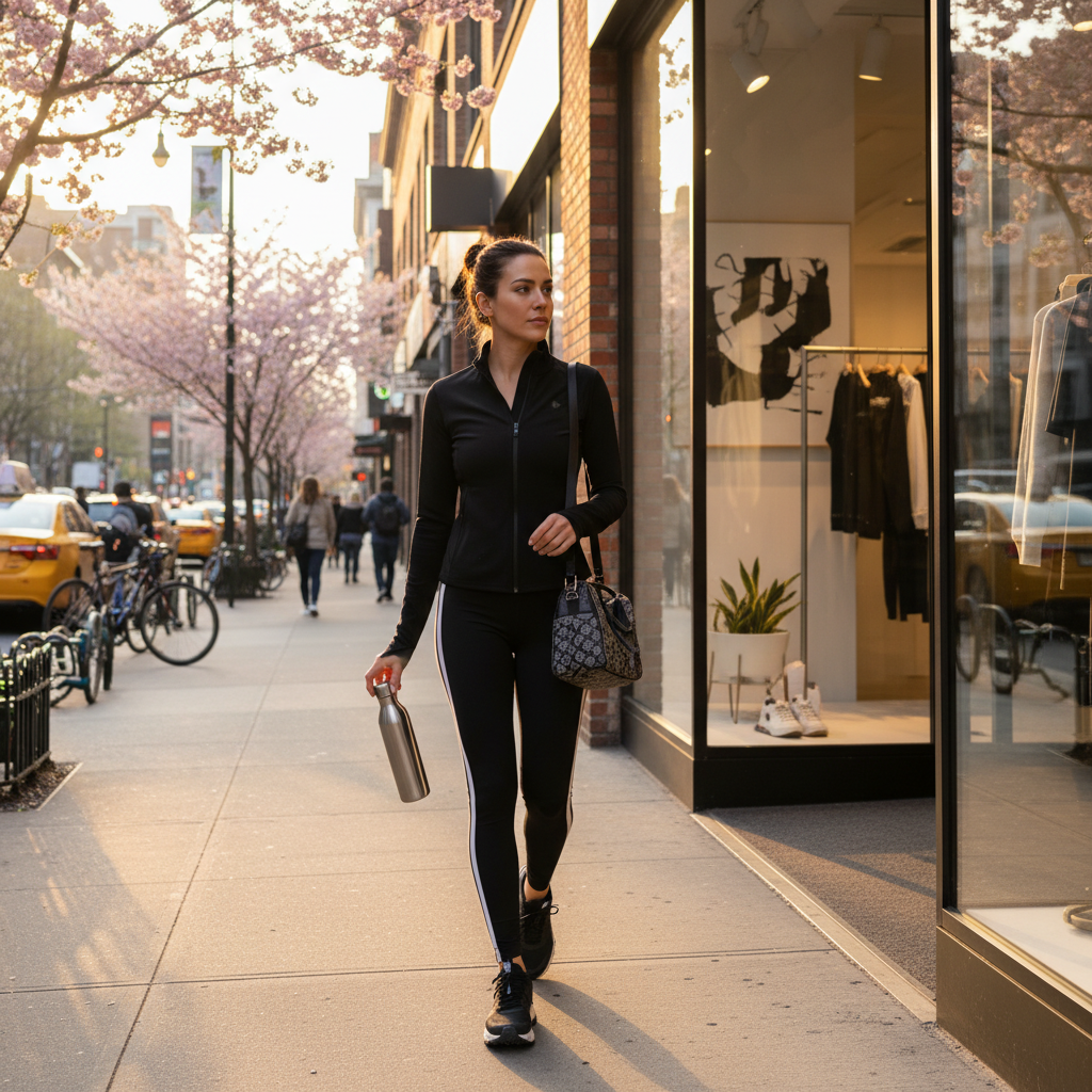 A stylish person wearing athletic apparel walking past a modern boutique store, lifestyle photography, natural morning light, vibrant street background, no text