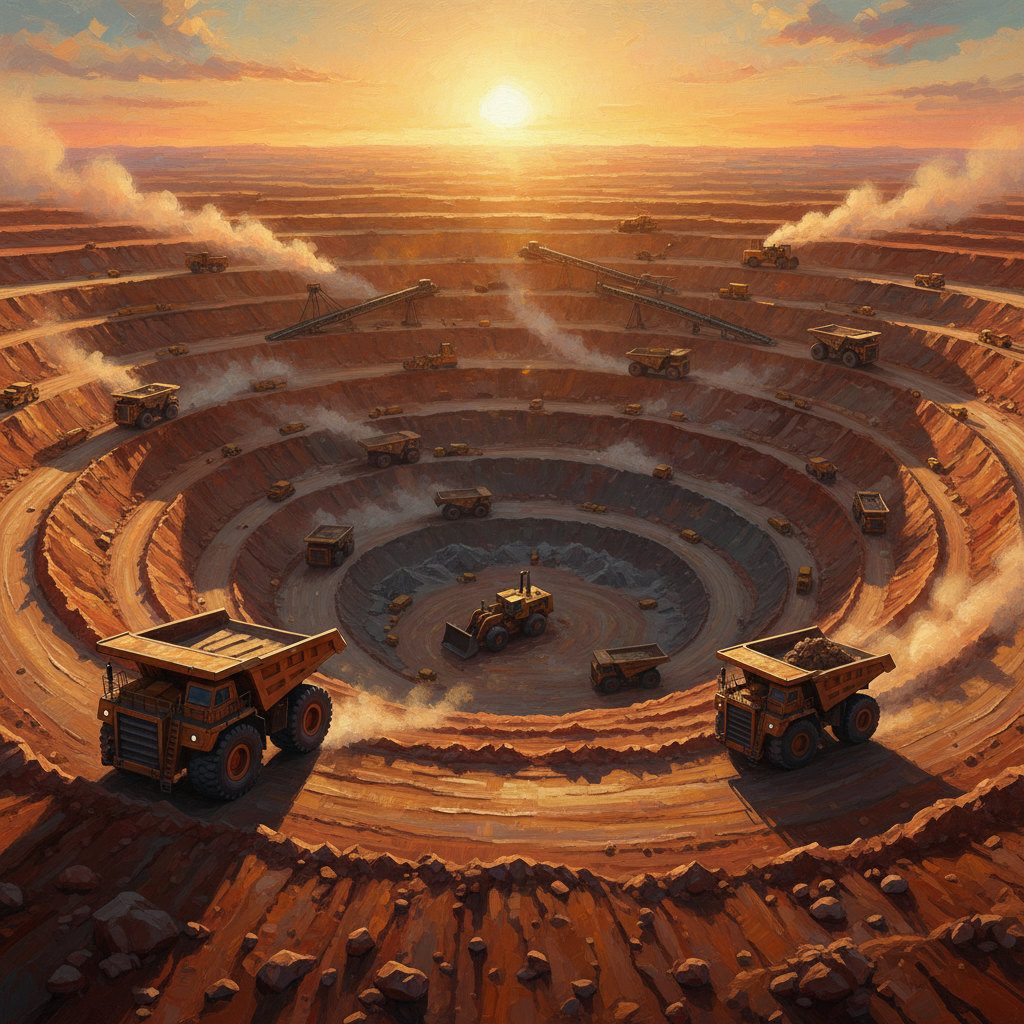 A massive open-pit lithium mine with heavy machinery, artistic rendering with warm sunset lighting, textured earth tones, rich detailed composition, no text