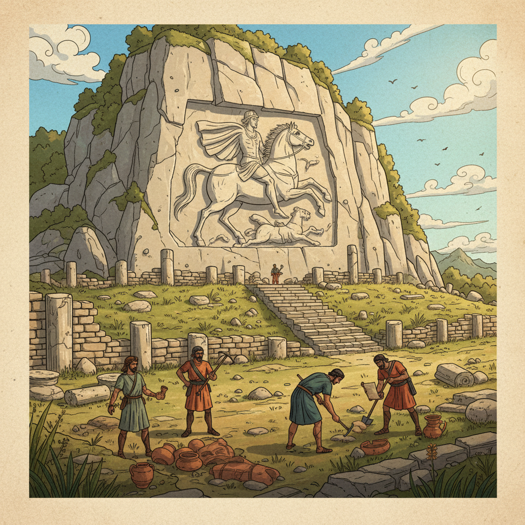 Archaeological site surrounding the Madara Rider, historical elements, illustration, artistic rendering, textured background, bright lighting, no text, no Korean characters