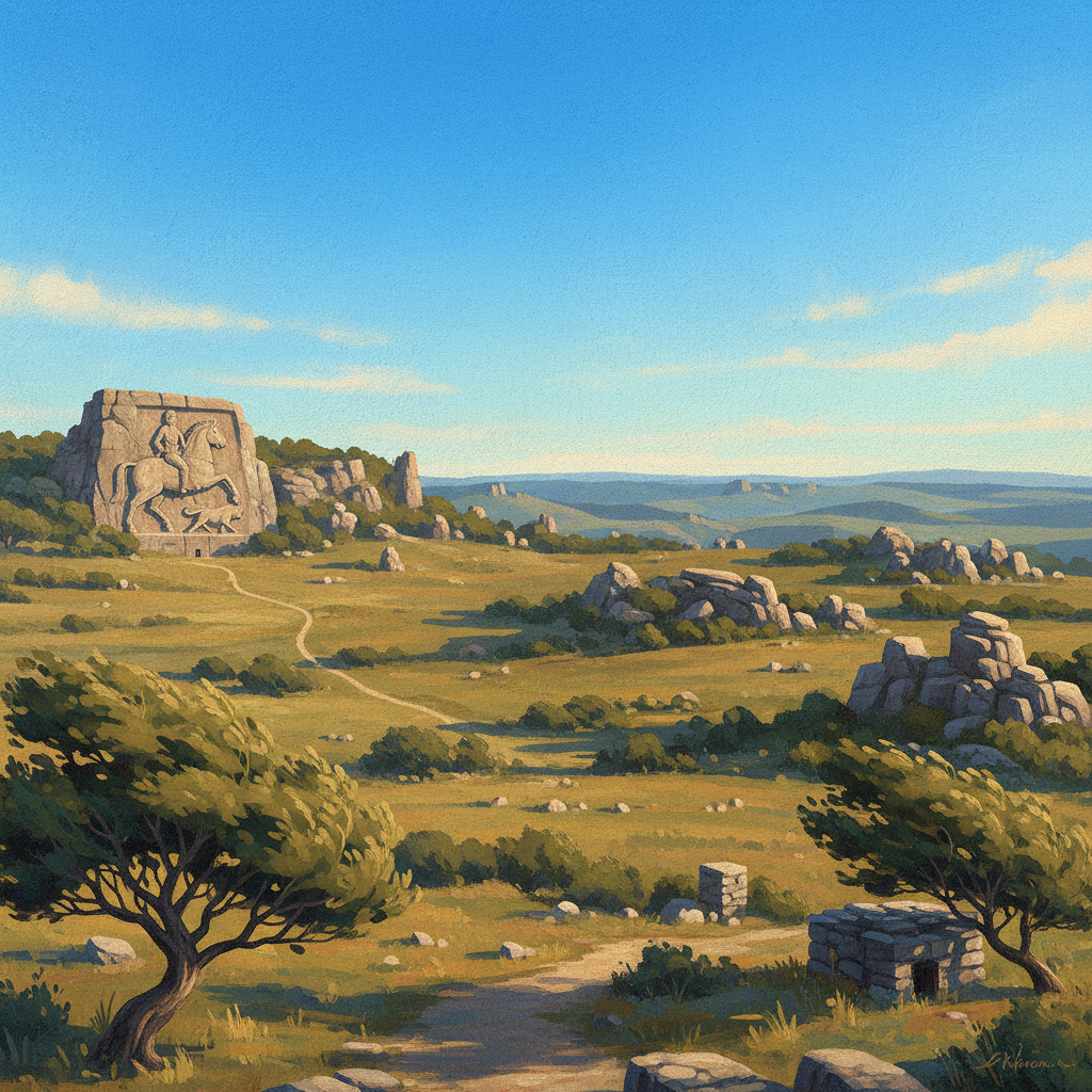 Panoramic view of the Madara plateau with the ancient rock carving in the distance, scenic landscape, illustration, artistic rendering, textured background, bright lighting, no text, no Korean characters