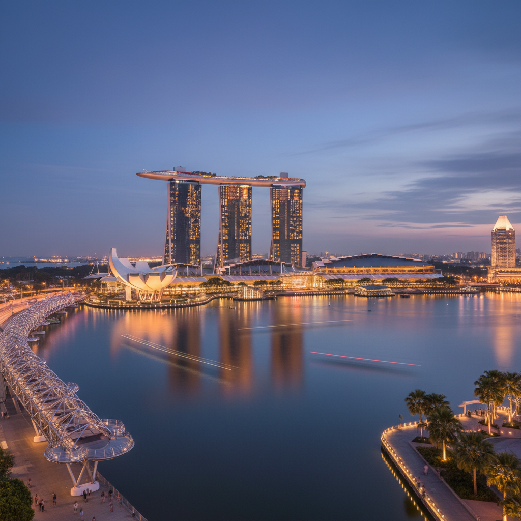A serene evening view of Singapore Marina Bay Sands and the waterfront, glowing lights, rich textured background, high resolution photography, no text